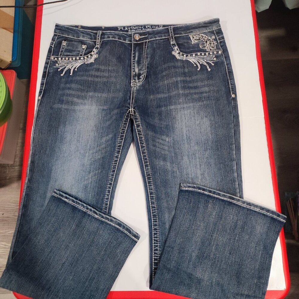 Platinum Plush jeans low rise straight leg darker blue women's size 21